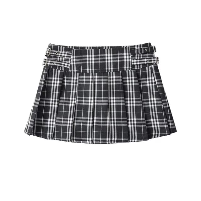 Plaid Pleated Mini A-Line Skirt with Low Waist