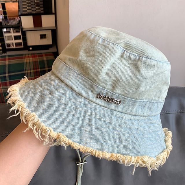 Hat Lettering Denim Fringed Bucket