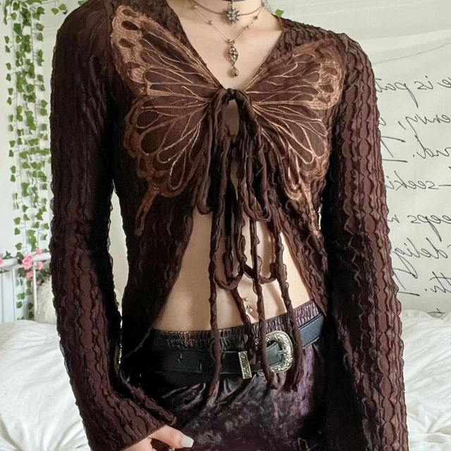 Front Long-Sleeve Butterfly Print V-Neck Crop Top Ribbon