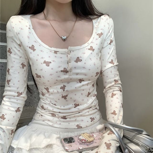 T-Shirt Henley Print Long-Sleeve Bear