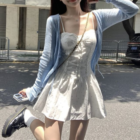 Cardigan Print Floral A-Line Ruffle Pointelle Plain Dress Spaghetti Strap / Mini