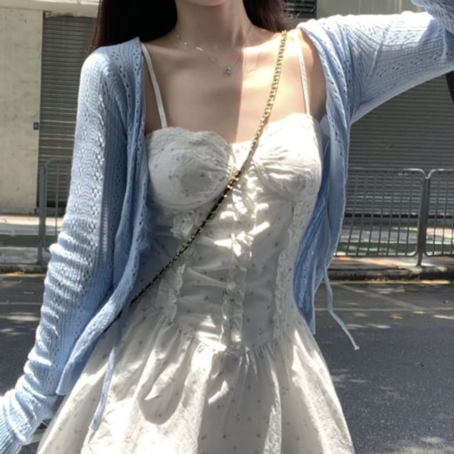 Cardigan Print Floral A-Line Ruffle Pointelle Plain Dress Spaghetti Strap / Mini