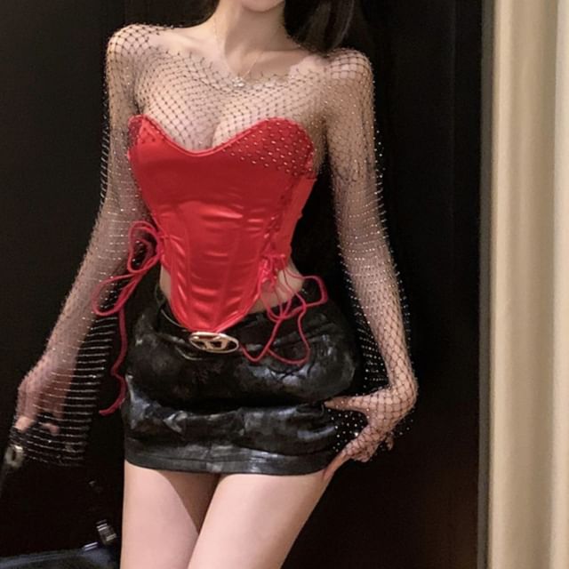 Asymmetrical Lace-Up Corset Crop Top with Rhinestone Fishnet Sleeves
