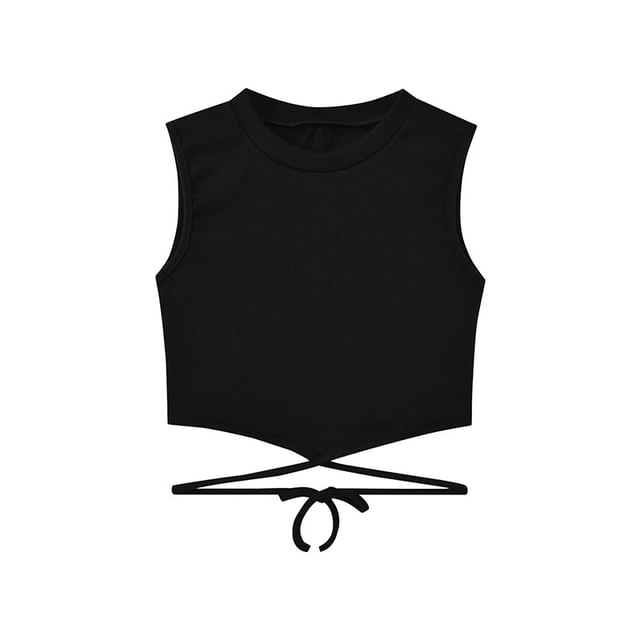 Cross Back Neck Criss Top Tank Crop Plain Tie Crew