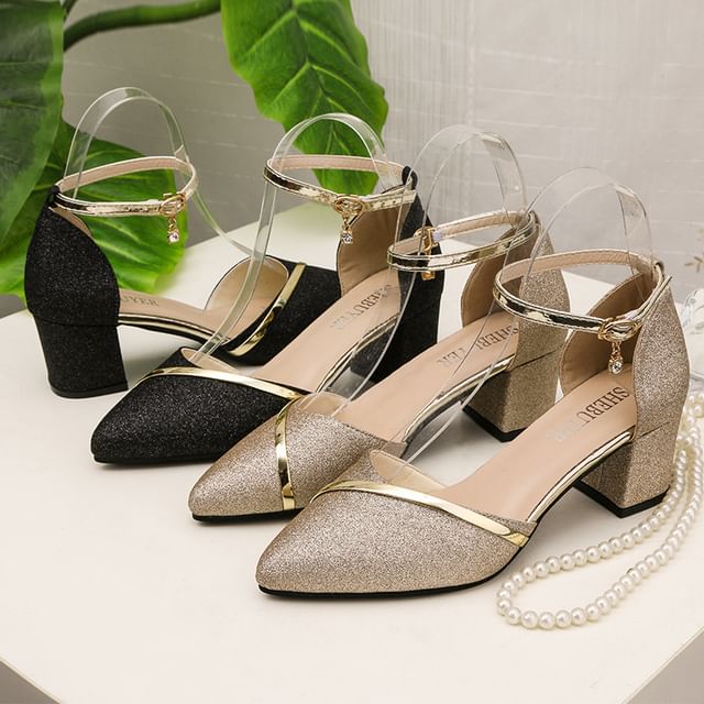 Almond Heel Sandals Toe Chunky Ankle Glitter Strap