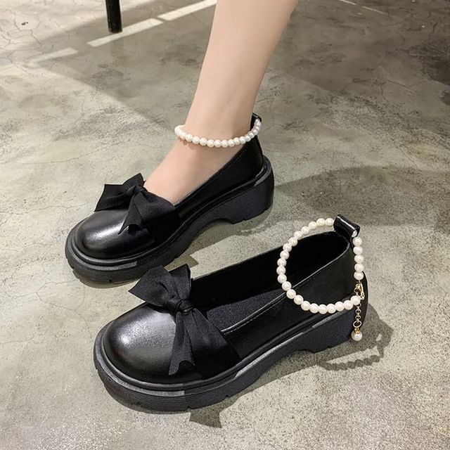 Ankle Heel Chunky Strap Platform Loafers Bow