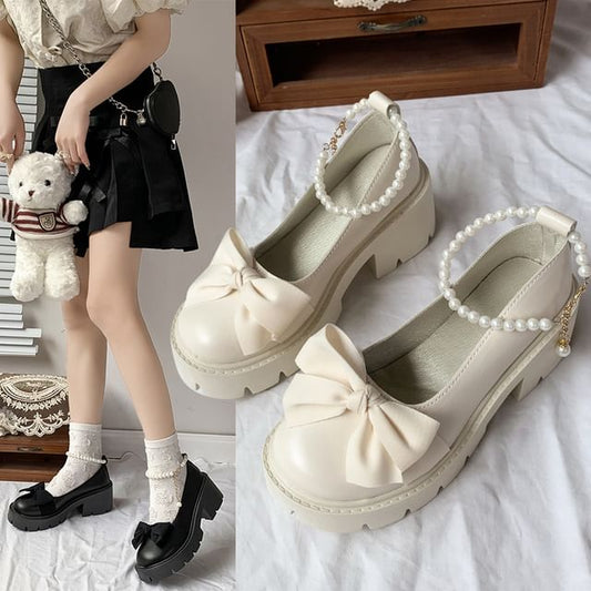 Chunky Loafers Ankle Platform Heel Bow Strap
