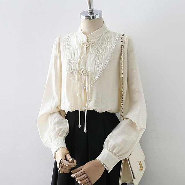 Puff-Sleeve Lace-Panel Button-Front Blouse