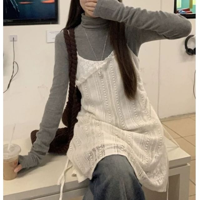 High-Neck Long-Sleeve Tee / Spaghetti Strap Lace-Up Mini Jumper