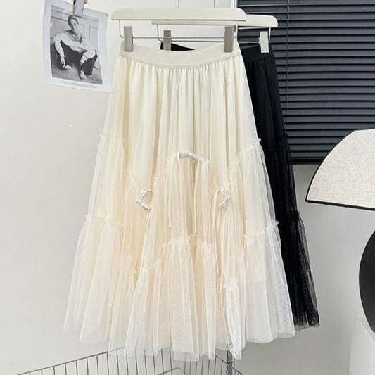 Frog Button Mesh A-Line Skirt with Elastic Waist