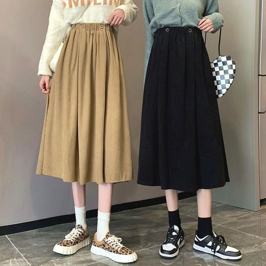 Skirt Midi Elastic Plain Pocket A-Line Waist