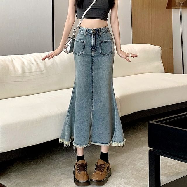 Mermaid Denim High Fray Waist Washed Midi Skirt