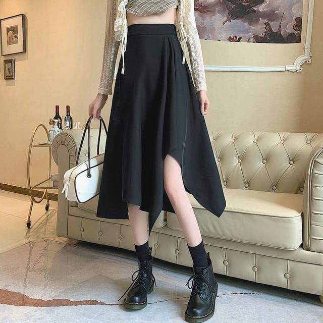 Elastic A-Line Asymmetrical Skirt Plain Midi Waist