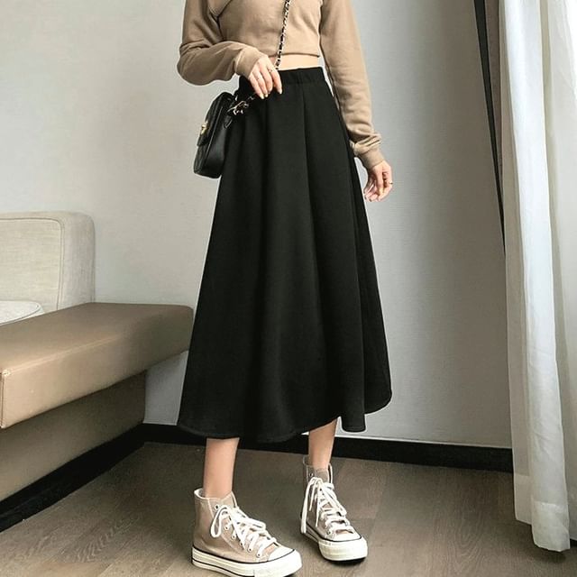 Plain High A-Line Midi Skirt Waist