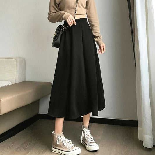 Plain High A-Line Midi Skirt Waist