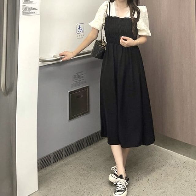 Midi Ruched Dress A-Line Puff Mock Piece Two V-Neck Sleeve