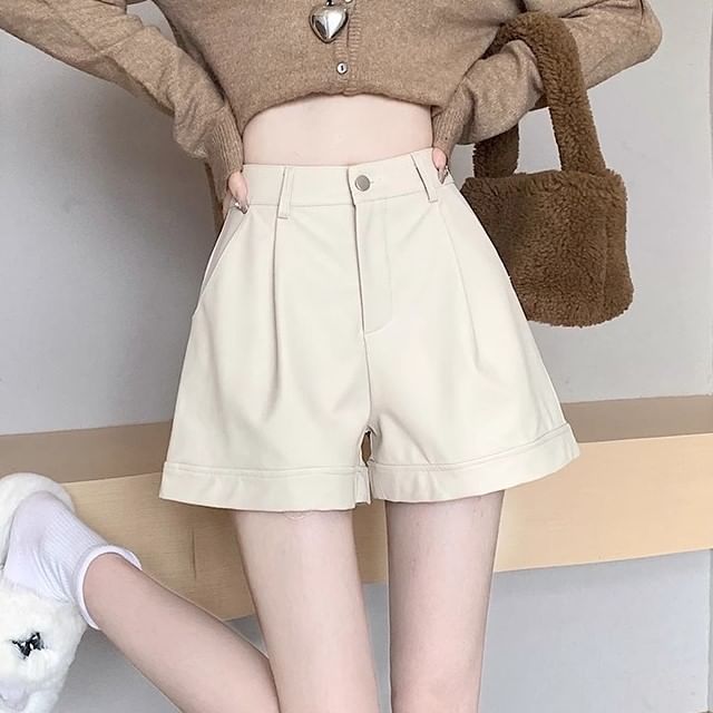 Leather Shorts Waist High Plain Faux