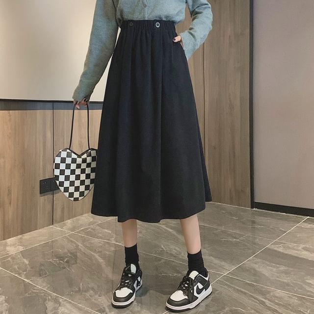 Skirt Midi Elastic Plain Pocket A-Line Waist