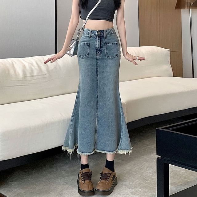 Mermaid Denim High Fray Waist Washed Midi Skirt