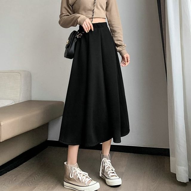 Plain High A-Line Midi Skirt Waist