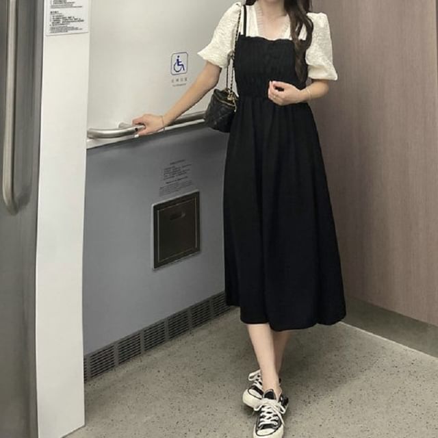 Midi Ruched Dress A-Line Puff Mock Piece Two V-Neck Sleeve