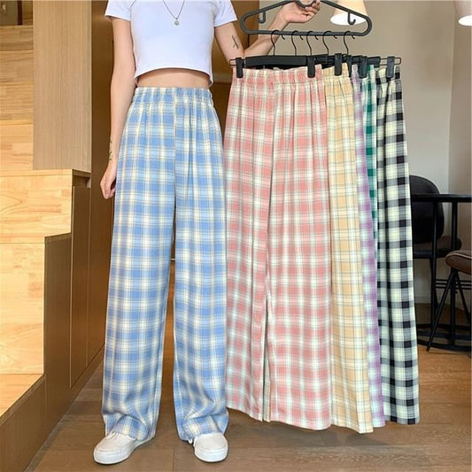 Waist Leg Elastic Wide Plaid Pants