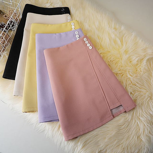 Skirt Button Plain A-Line Panel High Mini Waist