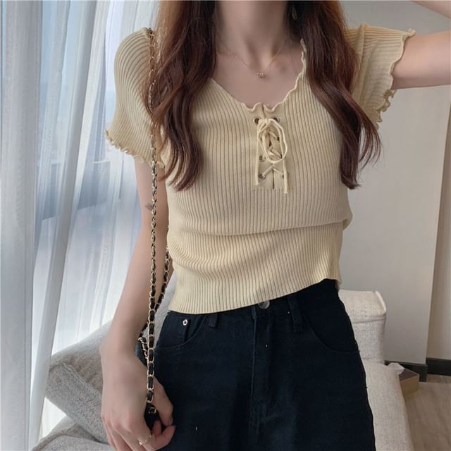 Short-Sleeve Knit Top Plain Lace Ribbed Up V-Neck