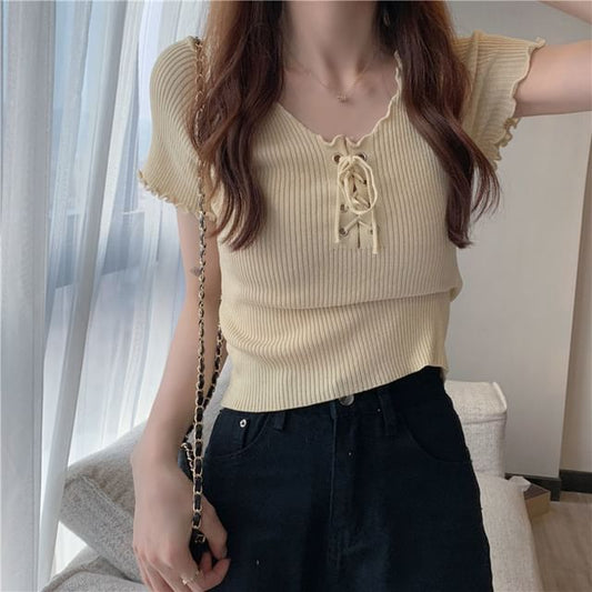 Short-Sleeve Knit Top Plain Lace Ribbed Up V-Neck