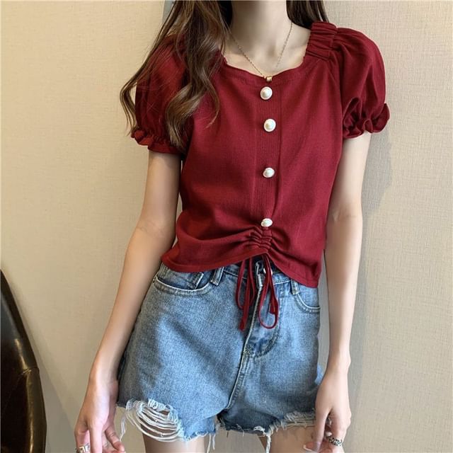 Neck Pearl Drawstring Faux Square Knit Short-Sleeve Button Plain Top
