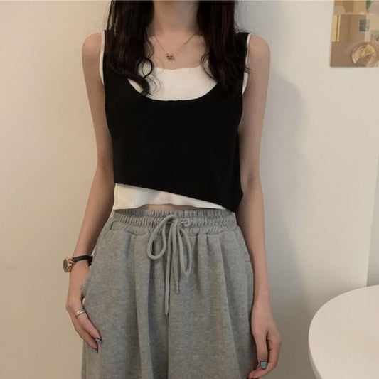 Knit Mock Piece Top Scoop Two Neck Tank