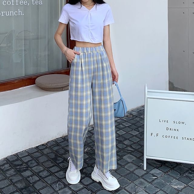 Waist Leg Elastic Wide Plaid Pants