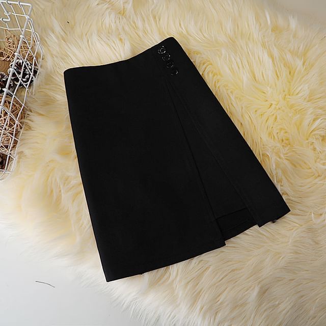 Skirt Button Plain A-Line Panel High Mini Waist
