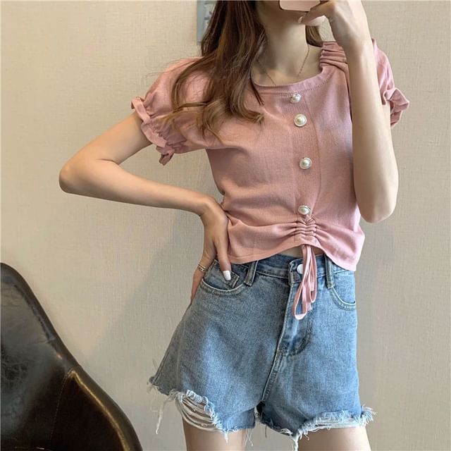 Neck Pearl Drawstring Faux Square Knit Short-Sleeve Button Plain Top