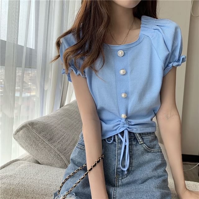 Neck Pearl Drawstring Faux Square Knit Short-Sleeve Button Plain Top