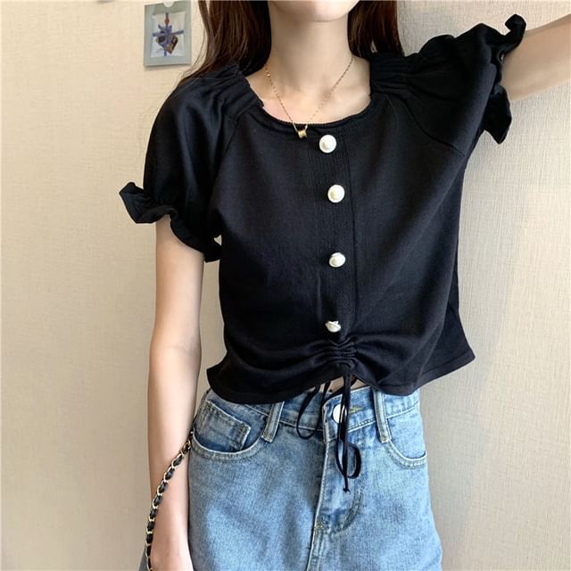 Neck Pearl Drawstring Faux Square Knit Short-Sleeve Button Plain Top