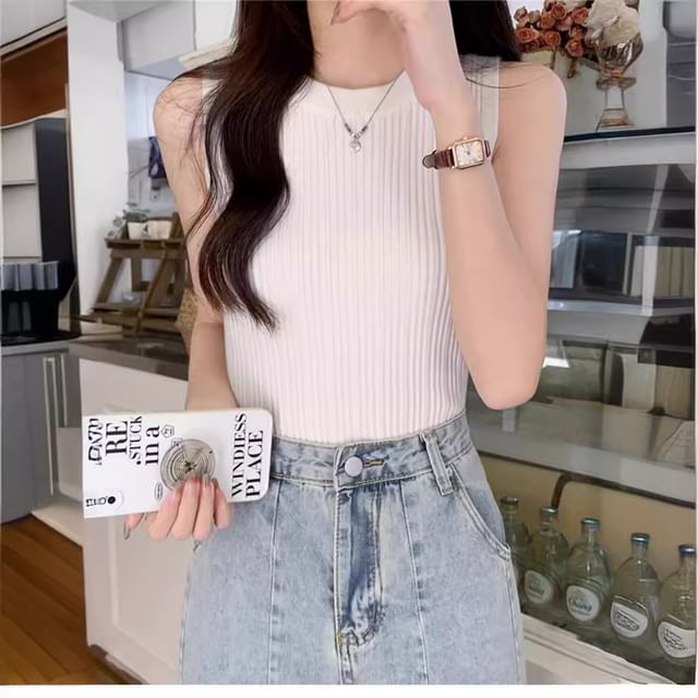 Tank Crew Knit Ribbed Top Neck Plain