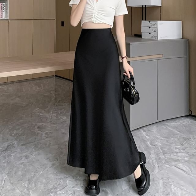 High Waist A-Line Maxi Skirt in Solid Tone