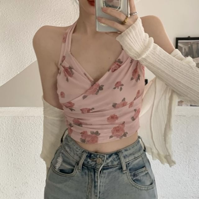 Plain Floral Crop Print Cardigan / Halter Neck Top
