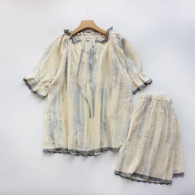 Pajama Set: Striped Lace-Trim Short-Sleeve Top with Shorts