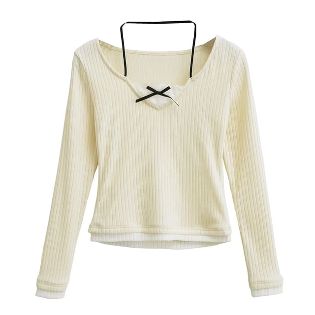 Mock Two-Piece Lace-Panel Slim Knit Long-Sleeve Top