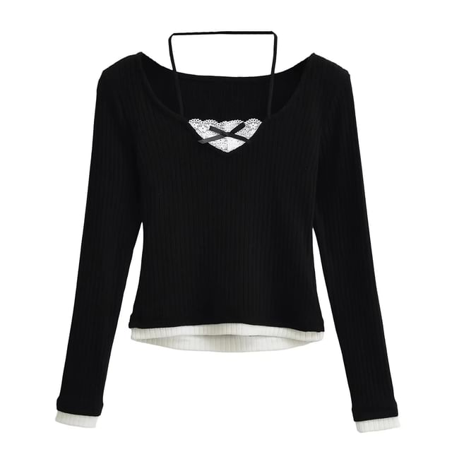 Mock Two-Piece Lace-Panel Slim Knit Long-Sleeve Top
