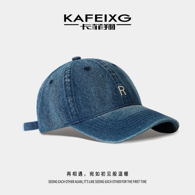 Washed Cap Baseball Denim Embroidered Lettering