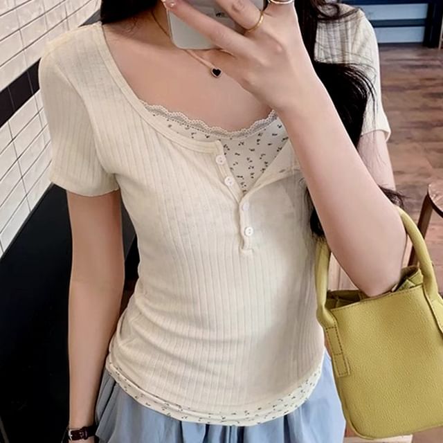 Mock Two-Piece Lace-Trim Short-Sleeve Tee