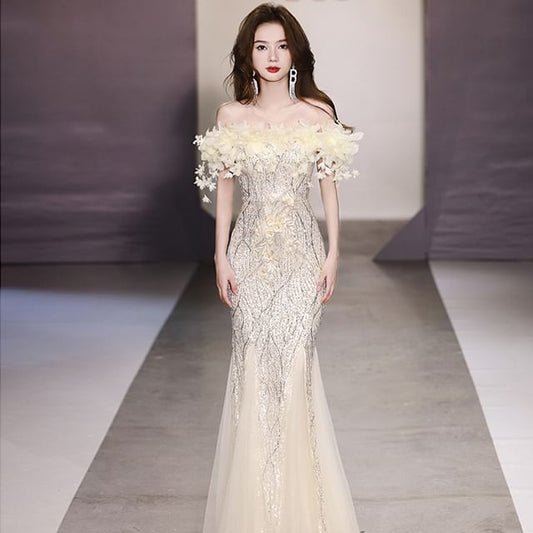 Mermaid Detail Evening Sequin Gown Flower Off-Shoulder