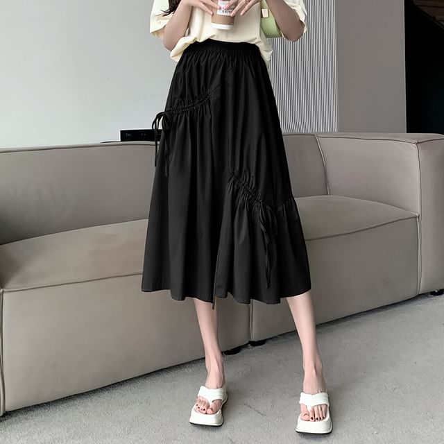 High Waist Plain Drawstring Midi A-Line Skirt
