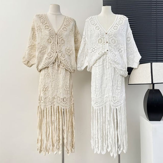Fringed Denim Pencil Skirt with Lace V-Neck Blouse