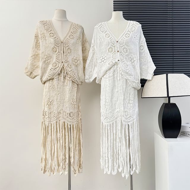 Lace V-Neck Blouse with Fringed High-Waist Pencil Skirt