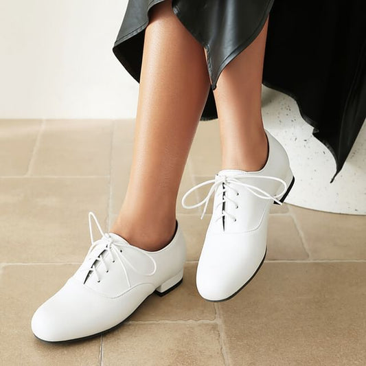 Faux Leather Shoes Chunky Lace-Up Plain Heel