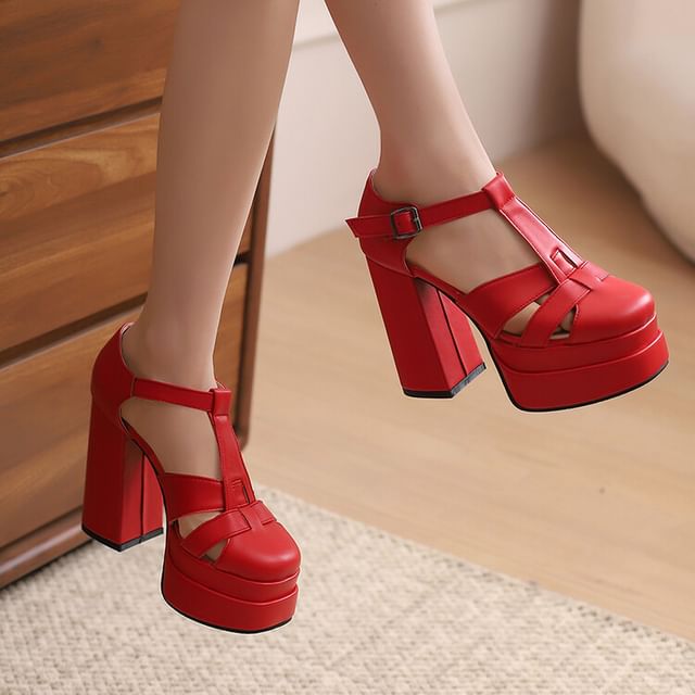 Sandals Leather Plain Faux Heel Chunky Buckled